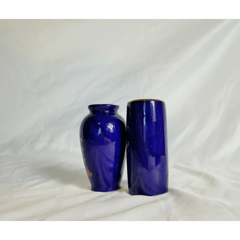 2 Vintage Miyako Mini Vases Cobalt Blue W/ Gold‎ Accents Floral & Peacock